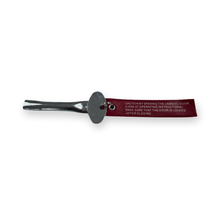 Keychain Emergency Lift Triangle Key M5 L=85mm (Triangle_KeyL85mm), top view of metal lever with oval plate and red warning label, on white background.