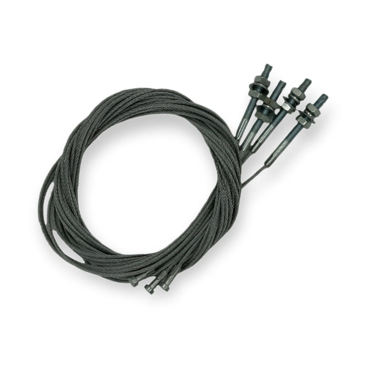 Universal Elevator Door Steel Rope 3000mm, M8, 3mm (UN-3000mm-M8), coiled steel cable with threaded studs and nuts, viewed from above, on white background.