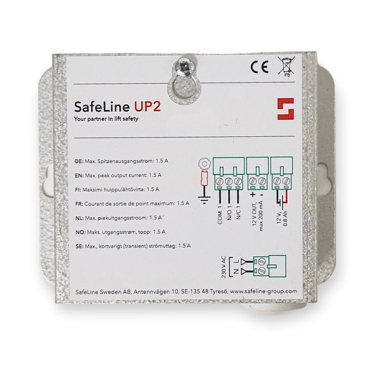 SafeLine UP2 emergency power backup unit for lift emergency telephones, galvanised steel housing with label and terminal diagram, front view on white background.