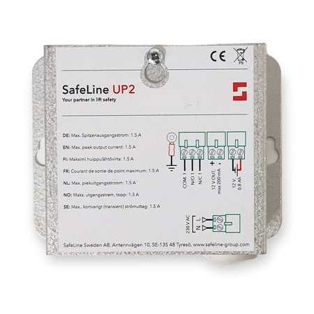 SafeLine UP2 emergency power backup unit for lift emergency telephones, galvanised steel housing with label and terminal diagram, front view on white background.