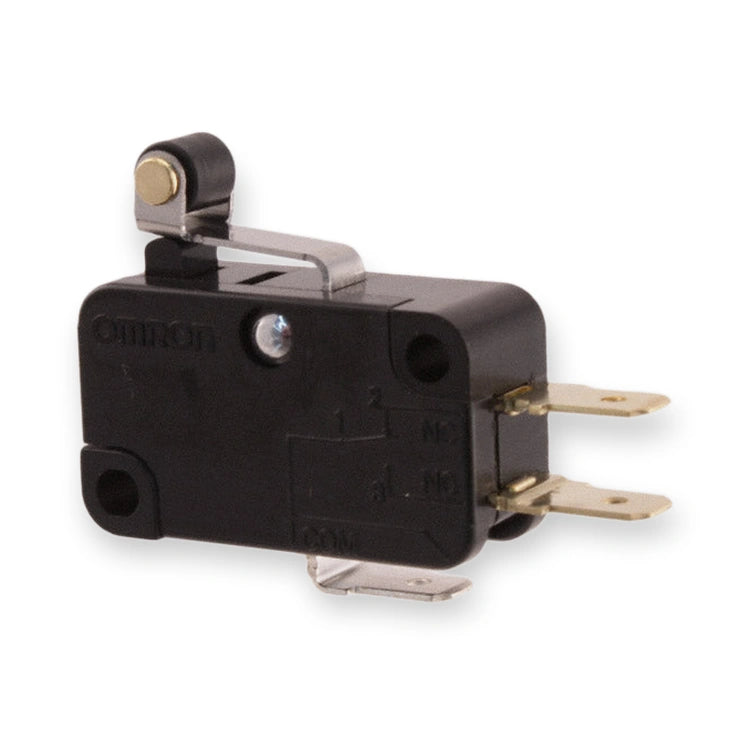 Omron Micro Switch SPDT 10A 250VAC Lever Roller V-105-1C24, black switch with metal lever arm and two gold terminals, on white background.