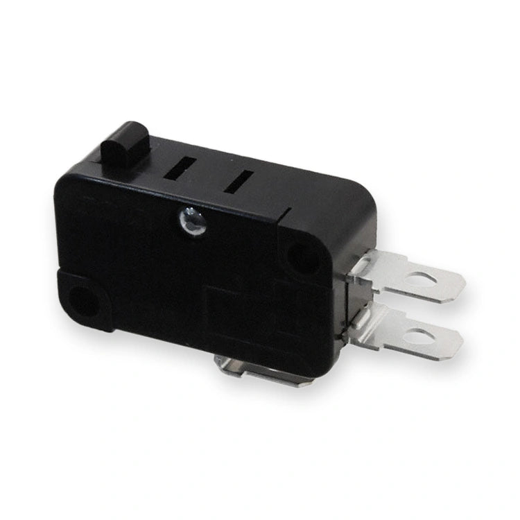 Omron Micro Switch SPDT 15A 250V AC Chassis Mount V-15-1A5, black housing with metal actuator tab and two flat spade terminals, on white background.