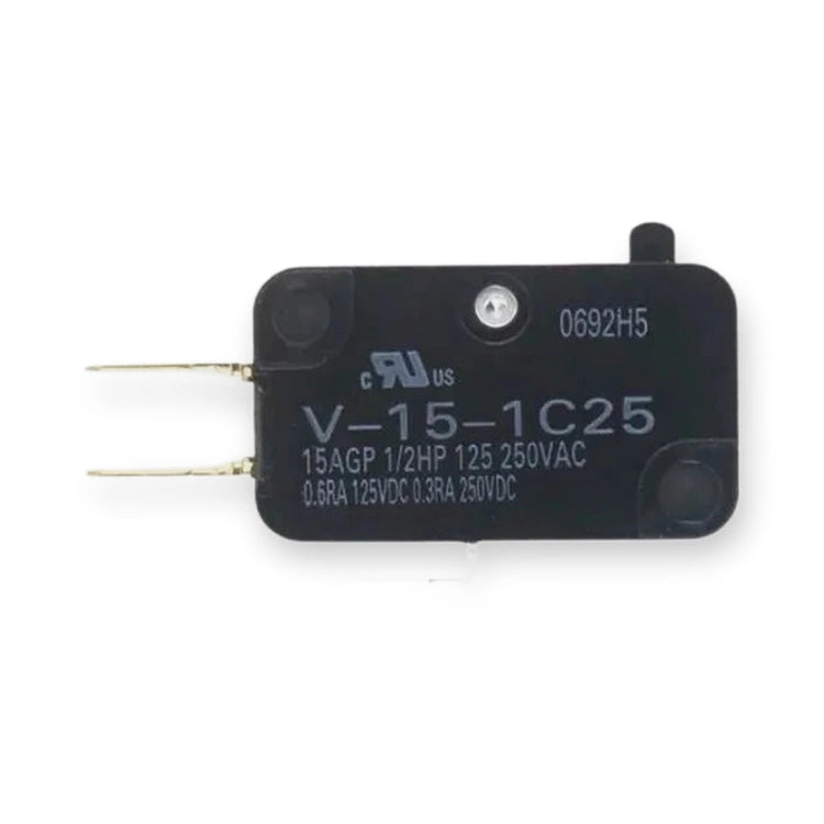 Omron Micro Switch Pin Plunger SPDT 15A 250V AC IP40 V-15-1C25, top view of black relay with two pins and printed label, on white background.