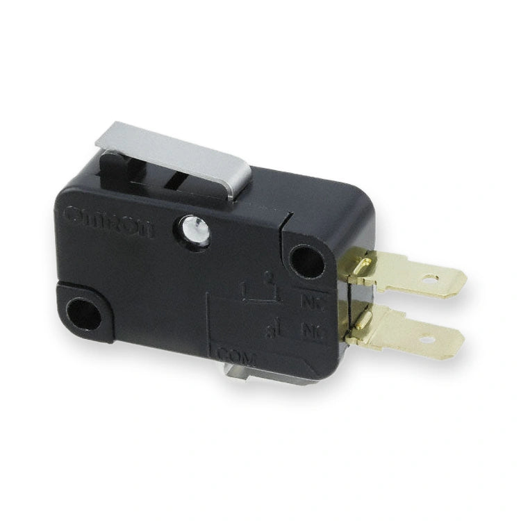 Omron Micro Switch SPDT Lever 15A 250VAC V-151-1C25, black switch with silver lever and gold spade terminals, on white background.