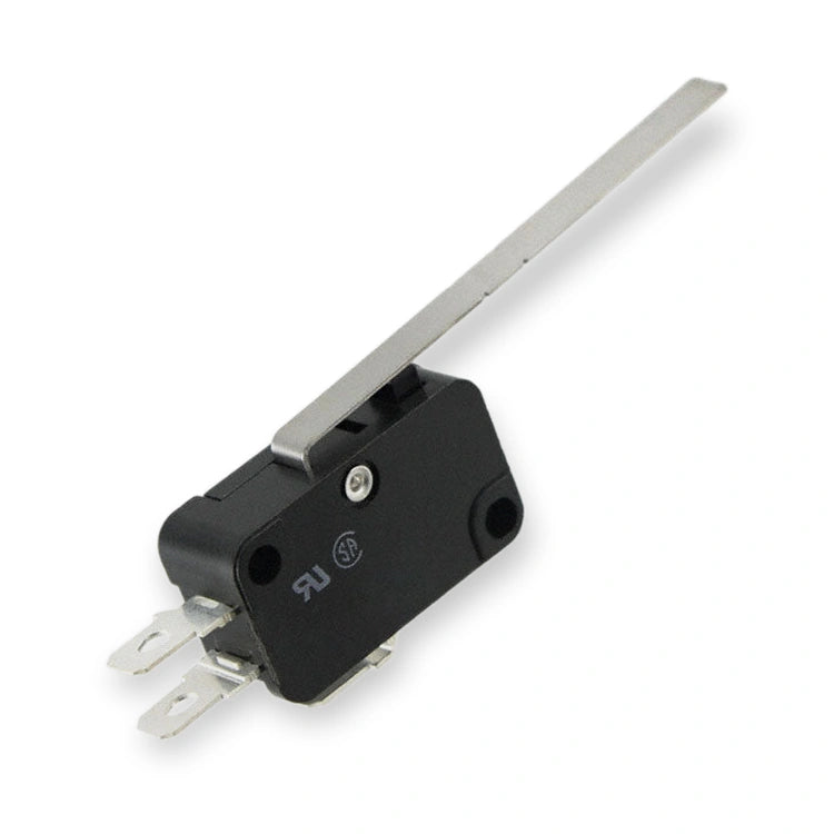 Omron Micro Switch SPDT 15A 250VAC V-153-1A5, black switch body with metal lever and two spade terminals, on white background.