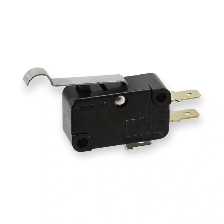 Omron Micro Switch SPDT 15A 250VAC Lever Roller V-154-1C25, black switch with metal lever and gold terminals viewed from the side, on white background.