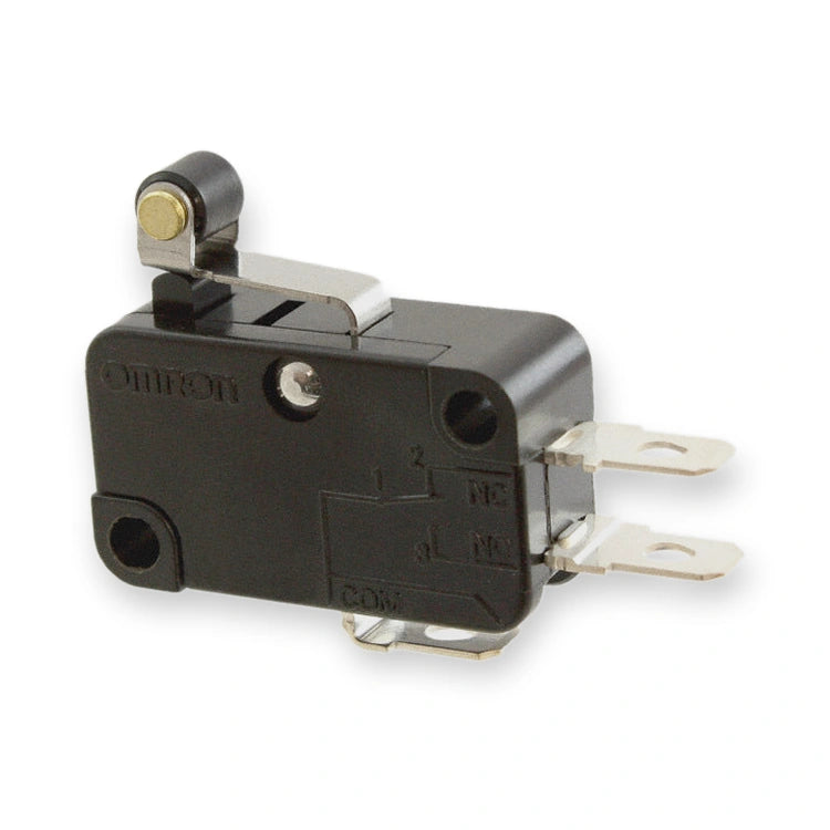 Omron Micro Switch SPDT 15A 250VAC Chassis Mount V-155-1A5, black housing with metal lever arm and three flat terminals, on white background.