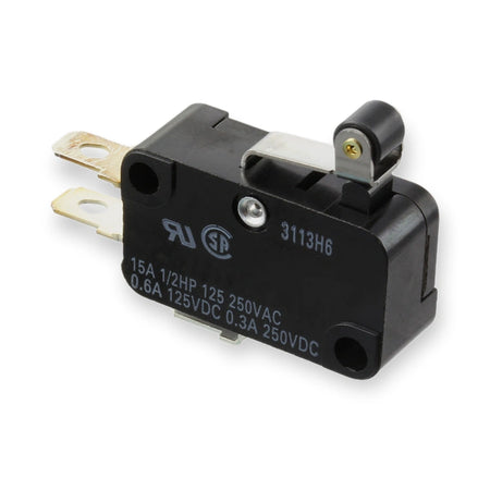 Omron Micro Switch SPDT 15A 250VAC Lever Roller V-155-1A6, black housing with printed specs, metal lever, and two flat terminals, on white background.