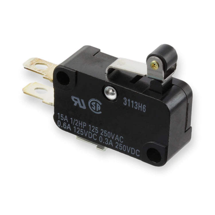 Omron Micro Switch SPDT 15A 250VAC Lever Roller V-155-1A6, black housing with printed specs, metal lever, and two flat terminals, on white background.