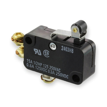 Omron Micro Switch SPDT 15A 250VAC Lever Roller V-155-1B6, black switch with brass terminals and metal roller lever, angled view, on white background.
