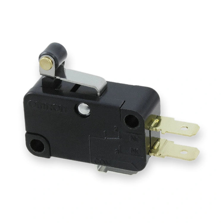 Omron V-155-1C25 SPDT Roller Lever Micro Switch 15A 250VAC, black switch with metal lever and two gold terminals, on white background.