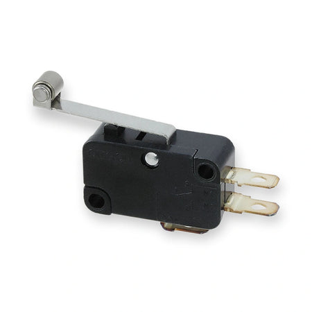 Omron V-156-1A5-T Heat-Resistant SPDT Roller Lever Micro Switch 15A 250VAC, black switch with metal lever arm and two flat spade terminals, on white background.