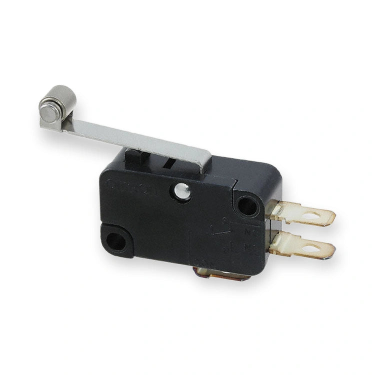 Omron V-156-1A5-T Heat-Resistant SPDT Roller Lever Micro Switch 15A 250VAC, black switch with metal lever arm and two flat spade terminals, on white background.