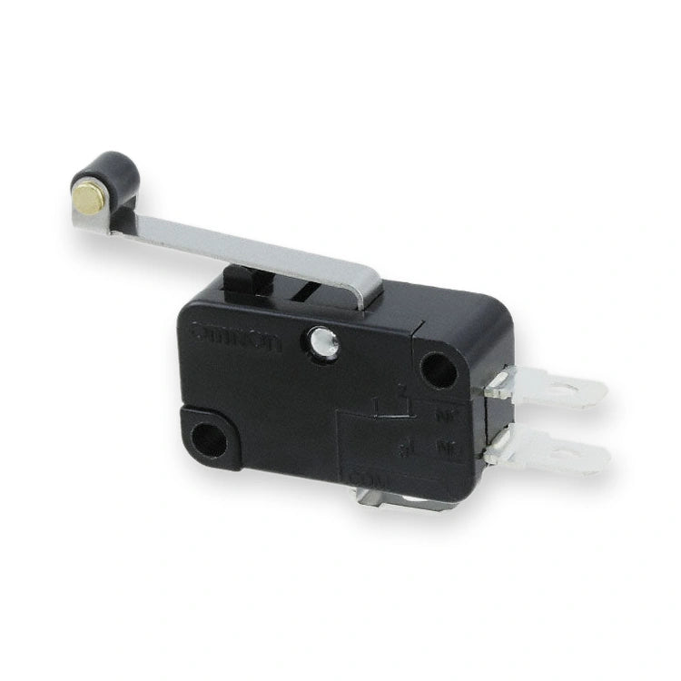 Omron Micro Switch SPDT 15A 250VAC Lever Roller V-156-1A5, black switch with metal lever and two spade terminals, on white background.