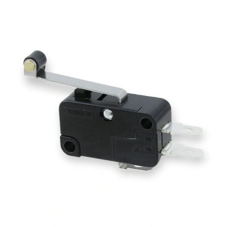 Omron Micro Switch SPDT 15A 250VAC Lever Roller V-156-1A5, black switch with metal lever and two spade terminals, on white background.