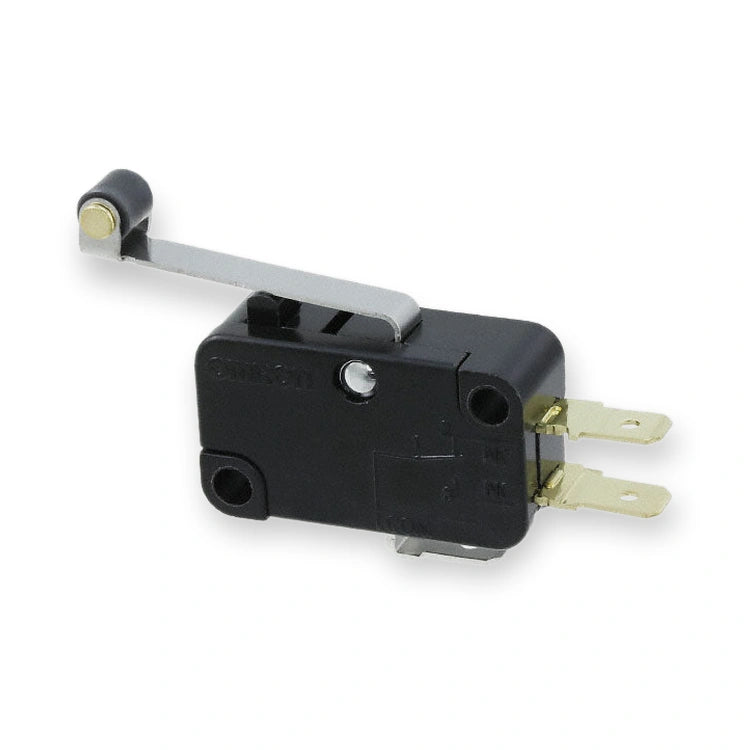 Omron Micro Switch SPDT 15A 250VAC Lever Roller V-156-1C25, black switch body with metal lever and two gold terminals, on white background.