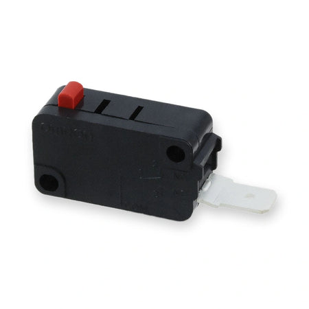 Omron Micro Switch SPST-NO 21A 250V AC Round Plunger V-21-3C6, black housing with red actuator and white lever, viewed from side, on white background.