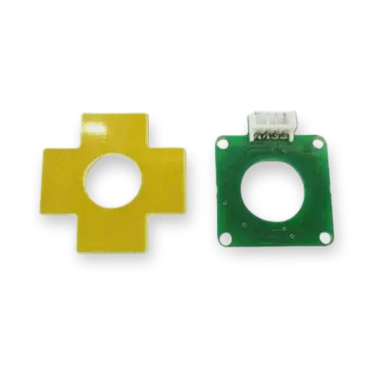Fermator 90.11.06 Encoder board car door VMT-VFEN.C0000, top view of yellow cross-shaped plate and green circuit board with connector, on white background.