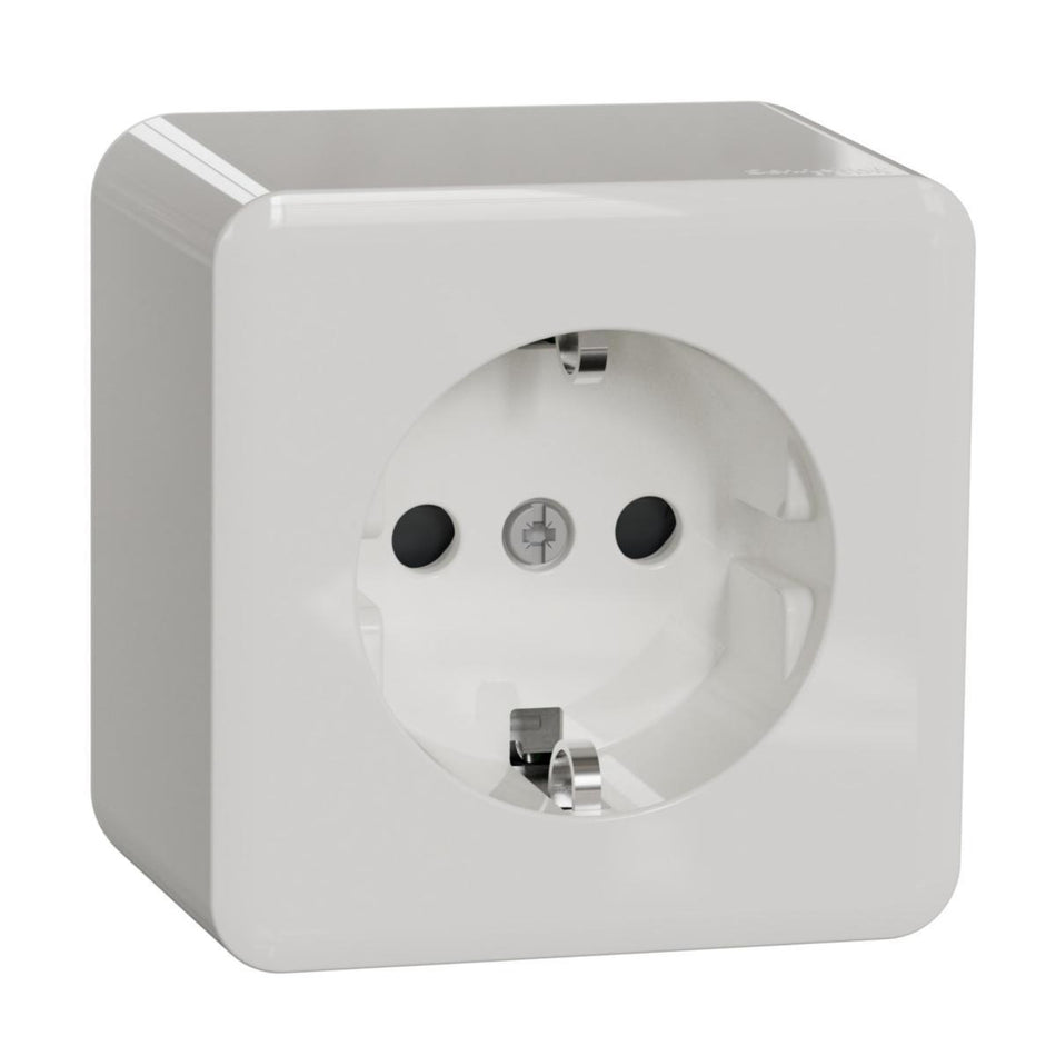 Schneider Exxact WDE015576 Surface Single Socket Outlet Schuko 16A IP21 White on white background.