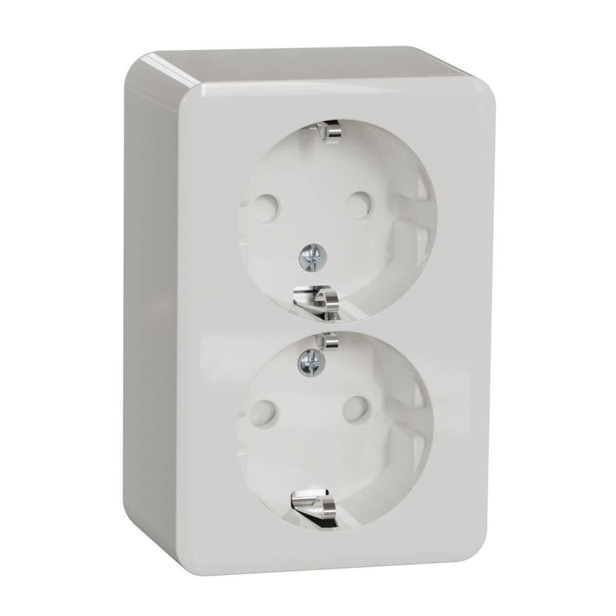 Schneider Exxact WDE015596 Surface Double Socket Outlet Schuko 16A IP21 White on white background.