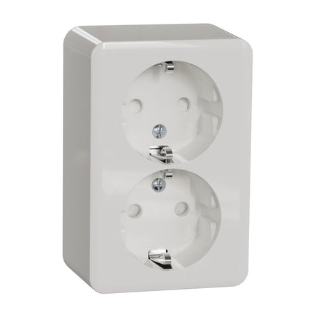 Schneider Exxact WDE015596 Surface Double Socket Outlet Schuko 16A IP21 White on white background.