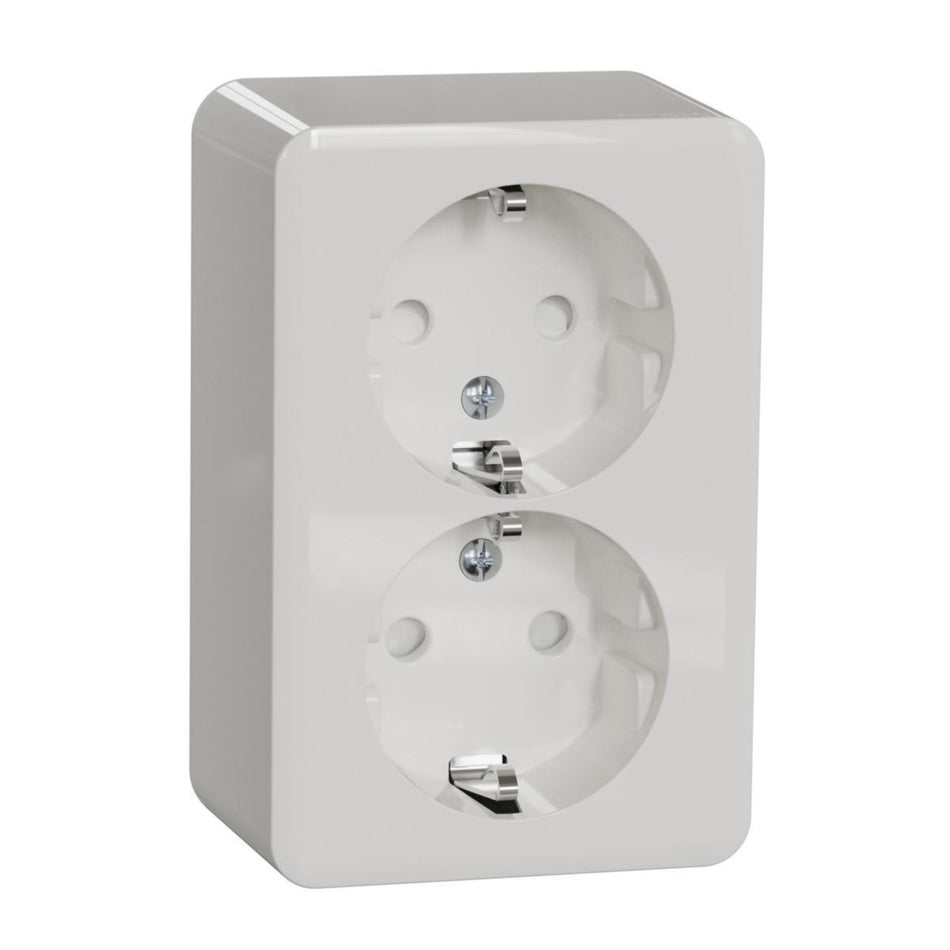 Schneider Exxact WDE015596 Surface Double Socket Outlet Schuko 16A IP21 White on white background.