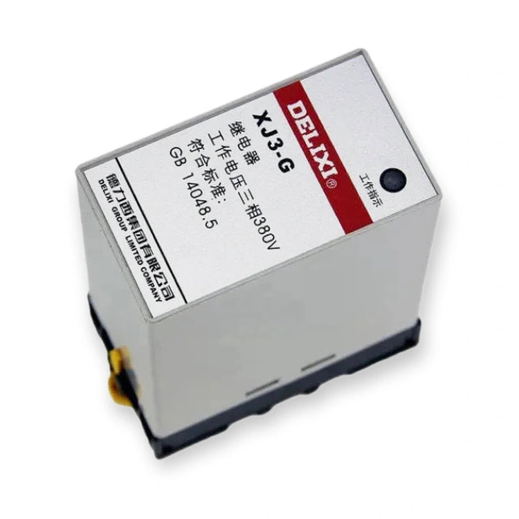 DELIXI XJ3-G AC380V Motor protection, top view showing label with red band and black indicator light, on white background.