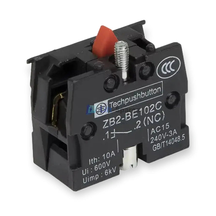 Schneider 1 NC Contact Block 240V/3A ZB2BE102C (ZB2-BE102C), black switch with red actuator, metal screw, and printed label side, on white background.