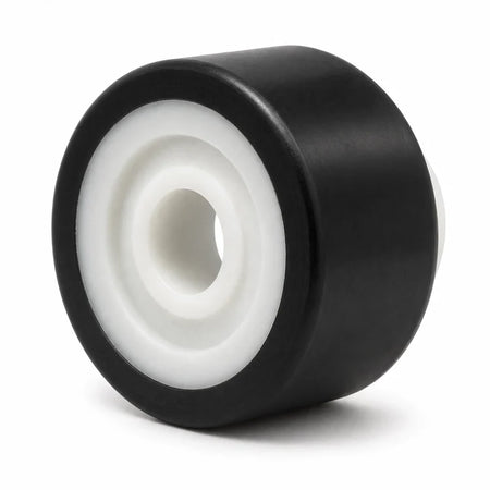 Black KONE lock roller with white nylon insert and 12 mm bore, model KM359391G01, 31.5 × 19.5 mm, SKU km359391g01, shown in a front three-quarter studio view.