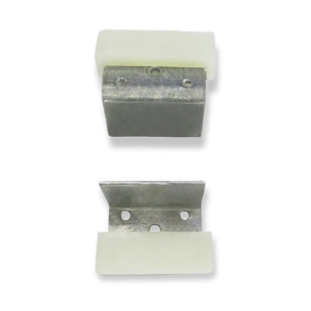 Kone ADM/ADR Door Guide Shoe 44x14x13.5mm KM60532G01 (km60532g01), two metal brackets with white plastic caps, viewed from opposite sides, on white background.