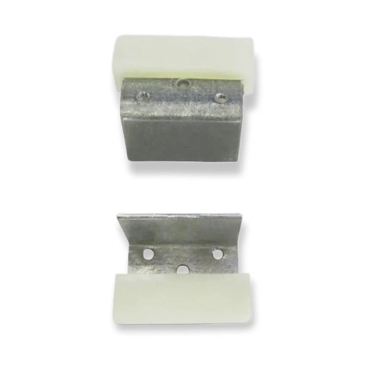 Kone ADM/ADR Door Guide Shoe 44x14x13.5mm KM60532G01 (km60532g01), two metal brackets with white plastic caps, viewed from opposite sides, on white background.
