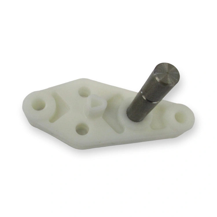 QKS9 ROD CLIP LONG AXE L & R 250719 3rd party (km949376), angled view of white plastic base with metal pin and holes, on white background.