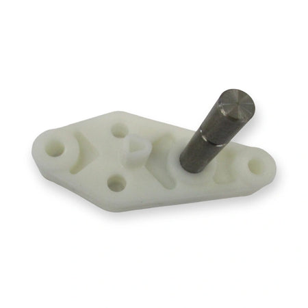 QKS9 ROD CLIP LONG AXE L & R 250719 3rd party (km949376), angled view of white plastic base with metal pin and holes, on white background.