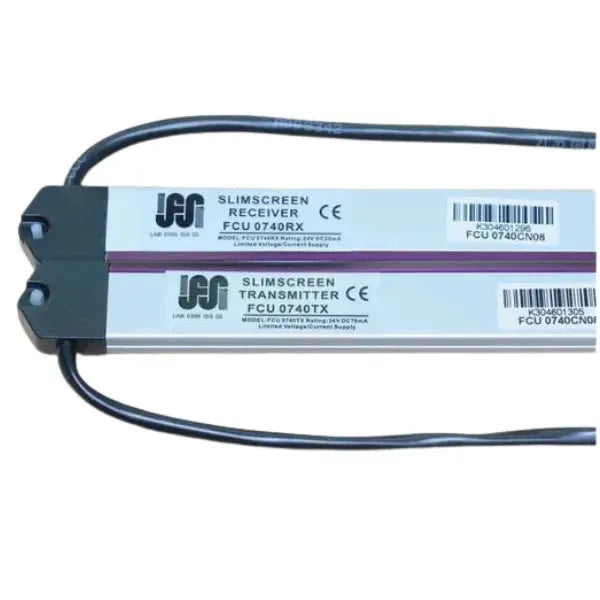 KONE FCU 0740 Slimscreen light curtain transmitter and receiver bars with cables on white background.