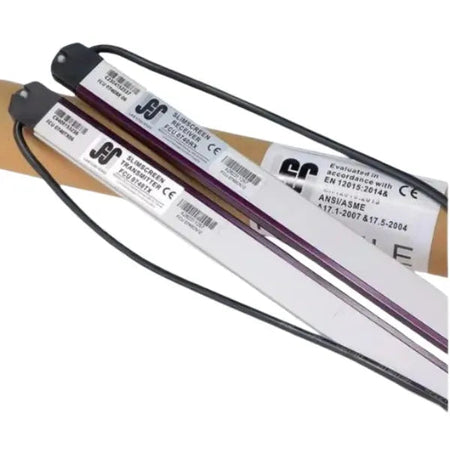 KONE FCU 0740 Slimscreen light curtain transmitter and receiver bars with packaging tube on white background.