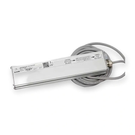 Thyssen ELGO LIMAX2M-03-030-1000-CNX-RJ45 shaft position sensor with 3 m RJ45 cable, top view on white background.